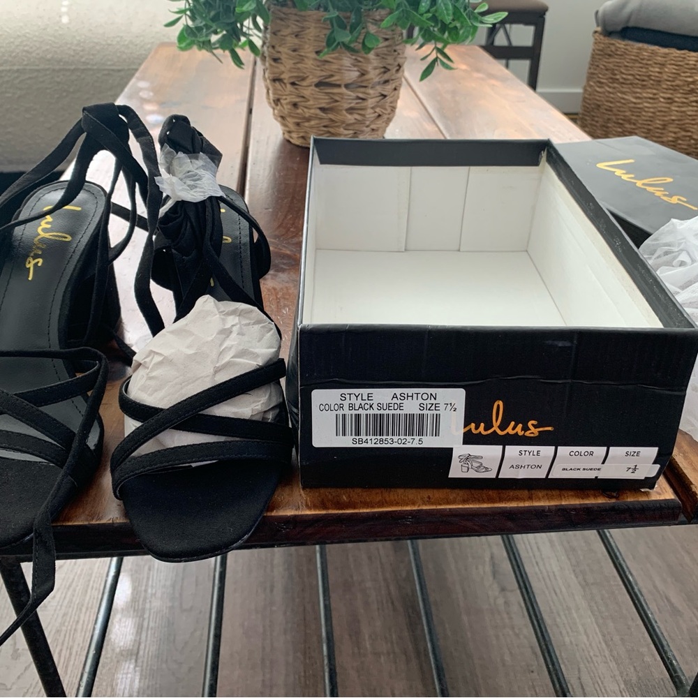 Black suede sexy strappy sandals never worn , heel is not too high not too low